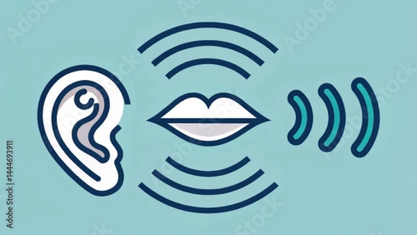 Fototapeta Stylized ear and mouth icon connected by flowing sound waves, representing communication and hearing concepts in simple graphic design