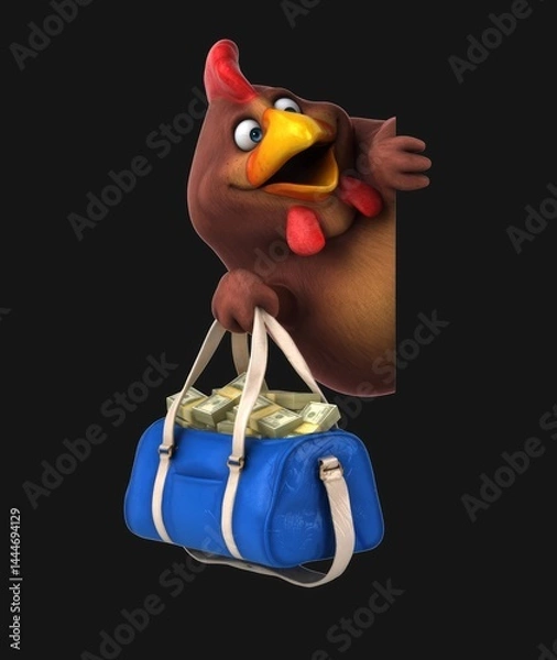 Fototapeta Fun 3D cartoon chicken with a bag of money