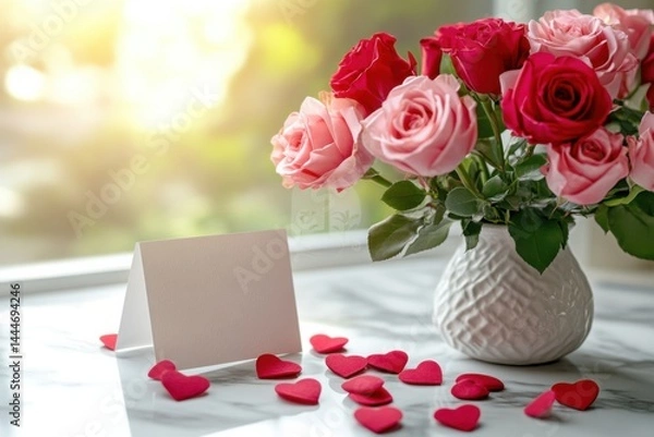 Fototapeta Roses bouquet and blank greeting card for message