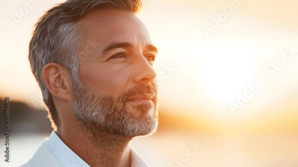 Fototapeta Capturing serenity editorial portrait of a man at sunset outdoor photography natural light reflective mood