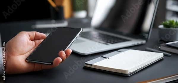 Obraz Close-up of a businessman holding a smartphone while using a laptop at his desk in the office. Close-up of hands with a phone and computer on the table, a business concept