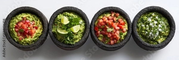 Fototapeta Four guacamole bowls with toppings and lime