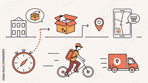 Fototapeta Simple Line Art Delivery Logistics Illustration Showing Order Packaging Tracking Bike and Truck