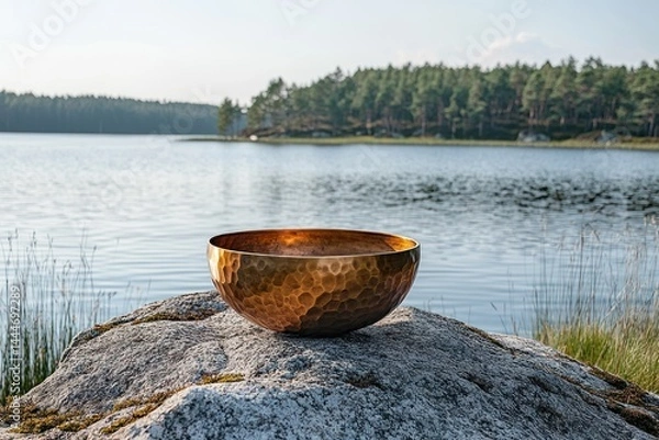 Fototapeta A hammered copper bowl rests on a rock by a tranquil lake, surrounded by a serene forest landscape