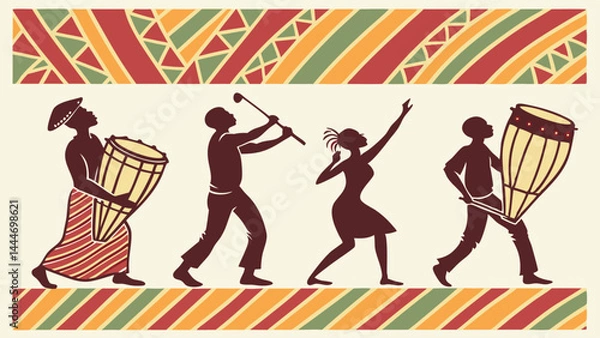 Fototapeta Colorful African Folk Art Illustration of Music and Dance Silhouettes with Drums and Traditional Patterns