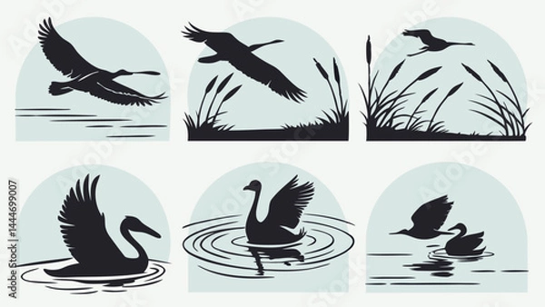 Fototapeta Set of Black Silhouette Illustrations Wetland Birds Flying Swimming Water Reeds