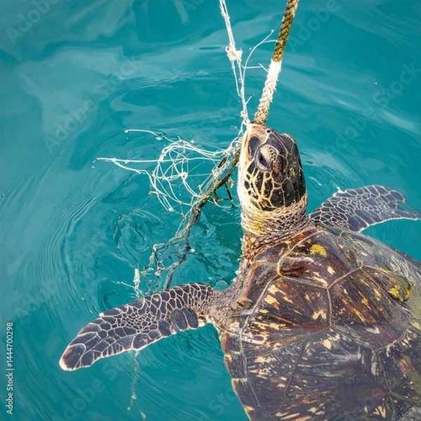Fototapeta Photo of a sea turtle with its neck caught in an old fishing net in the water.