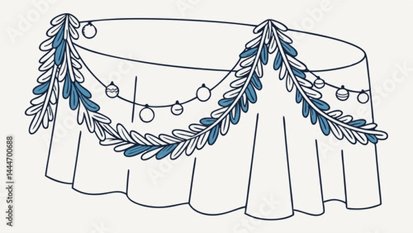 Fototapeta Festive Table Decoration Illustration with Blue and White Leaf Garland and String Lights