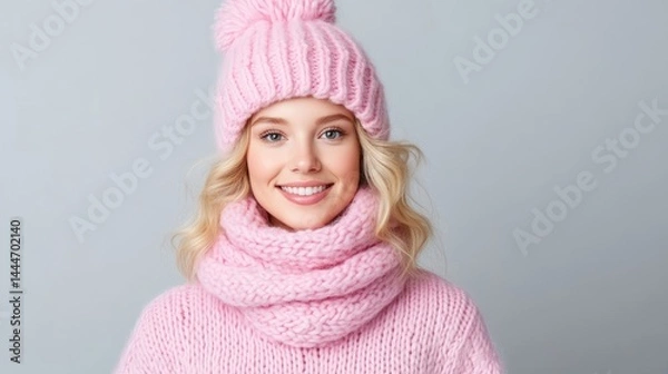 Fototapeta A woman wearing a cozy pink knit hat and scarf, smiling warmly against a plain grey background, and winter fashion concept with soft lighting.
