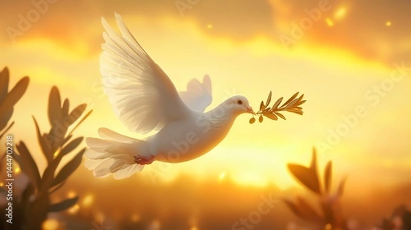 Fototapeta Dove carrying olive branch during sunset.
