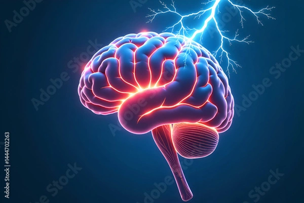 Obraz Human Brain with Electric Lightning Energy, AI Concept of Intelligence, Brainstorming, Neural Power, 3D Illustration

