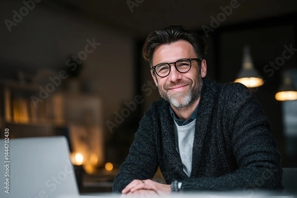 Fototapeta Happy businessman with laptop smiling at the camera in the office. The man is sitting at a desk using a computer