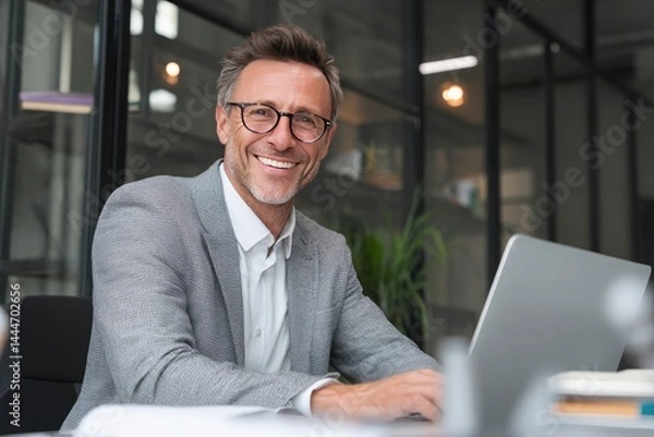 Obraz Happy businessman with laptop smiling at the camera in the office. The man is sitting at a desk using a computer, wearing glasses and a grey suit