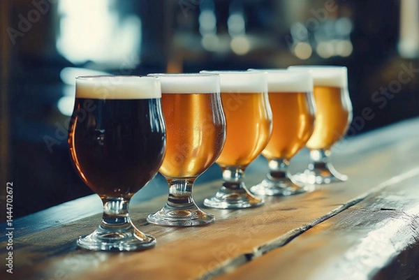 Obraz Assorted craft beer glasses on bar counter