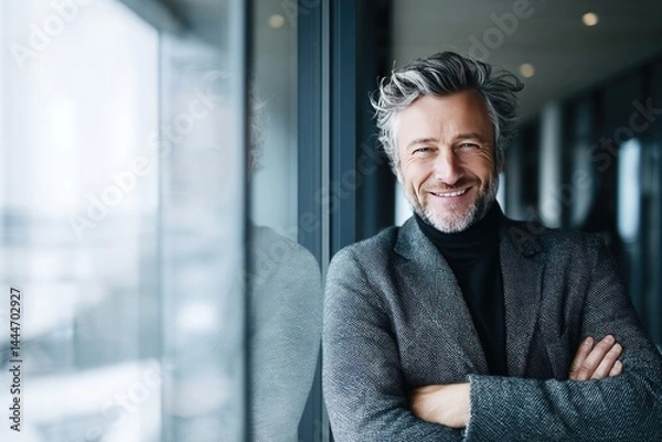 Obraz Photo of a middle-aged businessman moving into a new office, smiling while leaning on a window with his arms crossed, with ample copy space for text