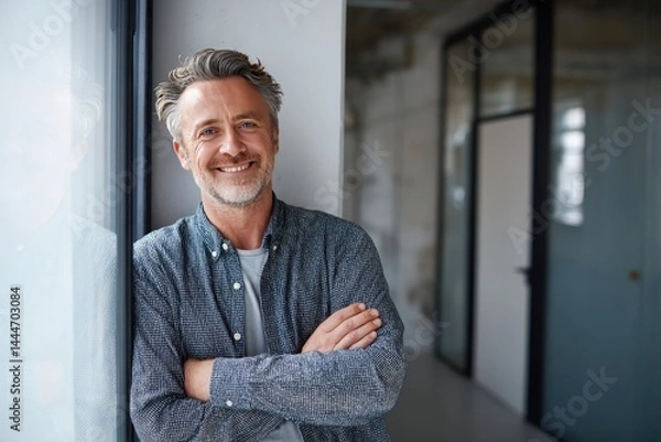 Obraz Photo of a middle-aged businessman moving into a new office, smiling while leaning on a window with his arms crossed, with ample copy space for text