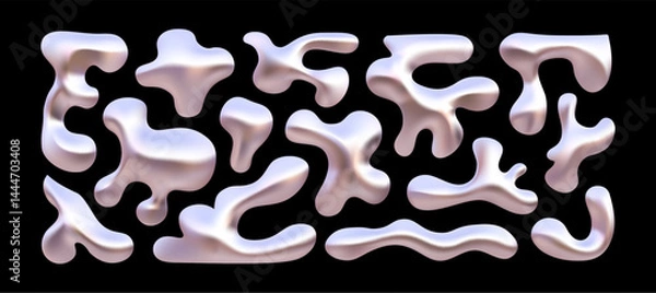 Fototapeta Abstract liquid chrome shapes set. Silver metal fluid blobs, realistic vector 3d rendering design elements.Y2k glossy futuristic droplet collection isolated