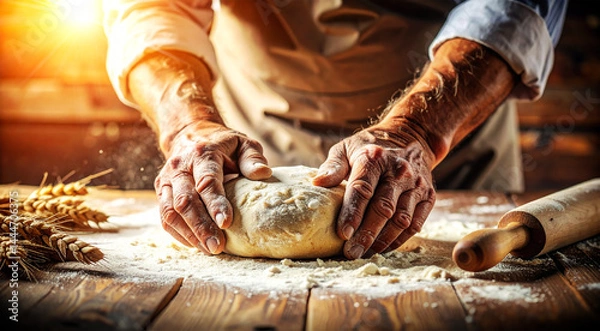 Fototapeta Close-up of two expert wrinkled hands of an old baker kneading dough by hand, with sprinkles of flour on a wooden table with a rolling pin. Artisan bakery or pastry shop concept. Generative Ai.