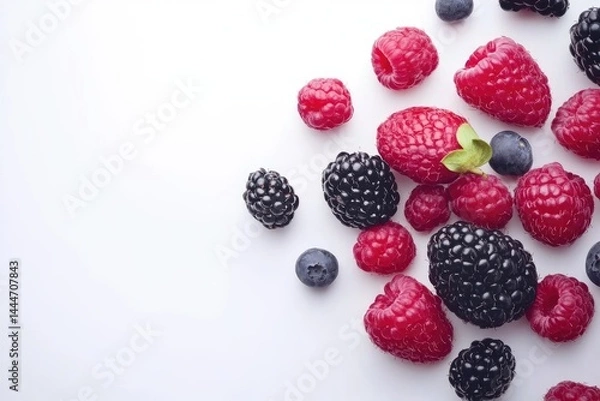Fototapeta Assorted fresh berries in vibrant colors against a plain white background, with raspberries, blackberries, and blueberries