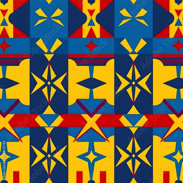 Fototapeta African tribal textile with minimalist geometric symmetry in primary colors, seamless pattern.