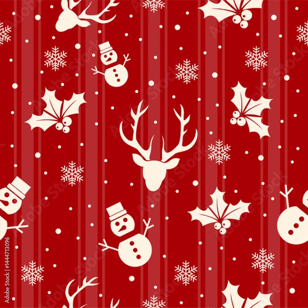 Fototapeta Seamless Christmas fabric pattern featuring festive elements like reindeer, snowflakes, trees, and holiday decorations in traditional red and green colors.