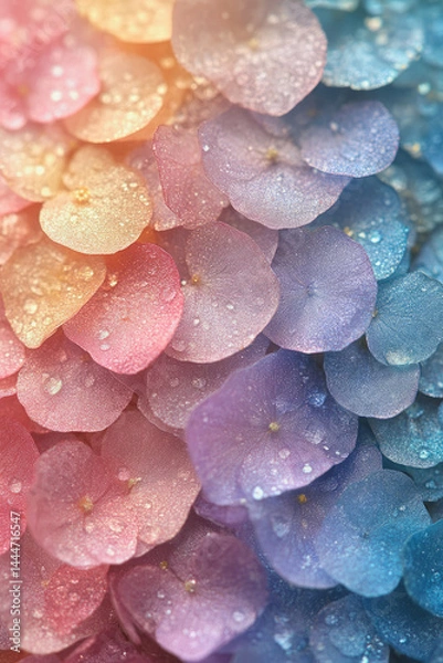 Obraz Shiny pink and blue hydrangea petals covered in dew drops
