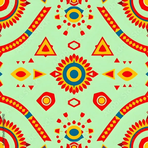 Fototapeta Minimalist African fabric with tribal symbols in primary colors, seamless pattern.