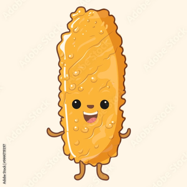 Fototapeta Vector flat illustration of Korean street corn dog, crispy battered stick with cheese pull,cartoon snack style, cute and fun presentation, vector flat