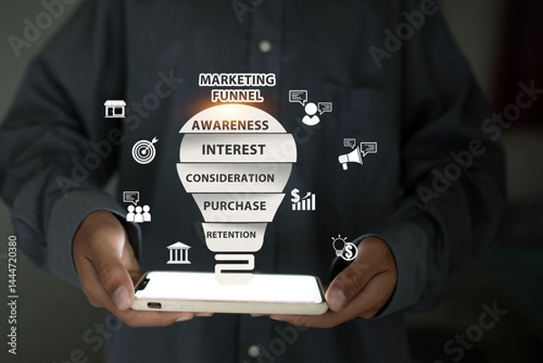 Obraz Marketing funnel floating above a smartphone, showing customer journey from awareness to retention..