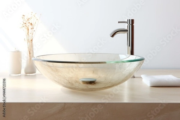 Fototapeta Elegant glass vessel sink with a polished rim, resting on a soft beige stone countertop, with minimalist decor