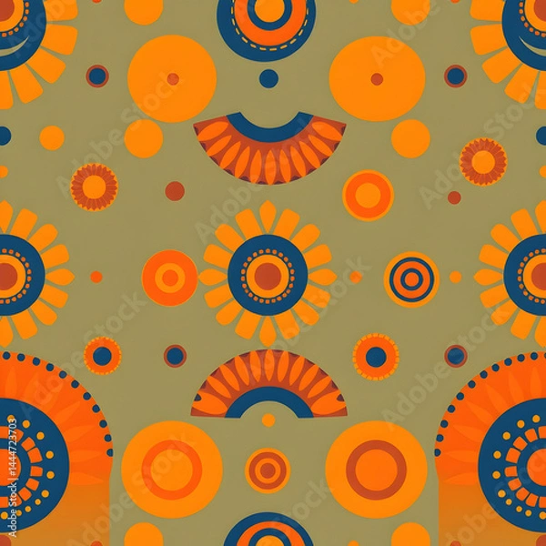 Fototapeta Vibrant African tribal design with circular geometric storytelling rhythm, seamless pattern.