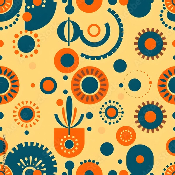 Fototapeta Vibrant African tribal design with circular geometric storytelling rhythm, seamless pattern.
