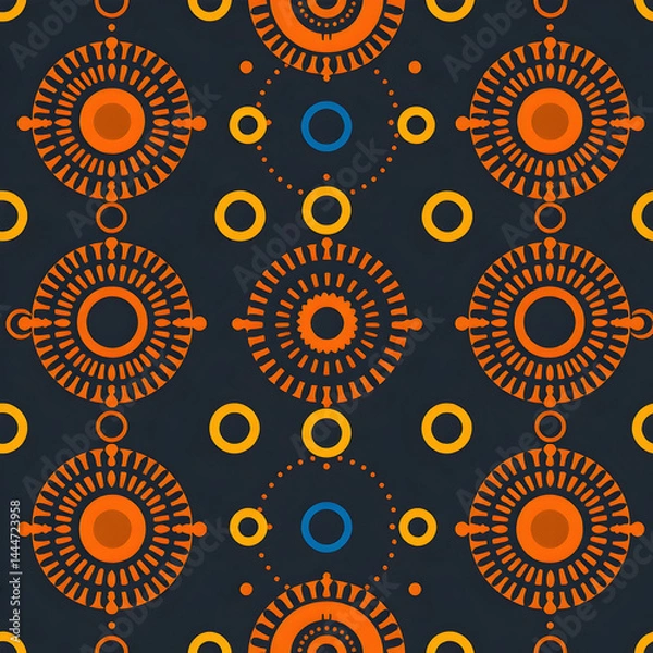 Fototapeta Vibrant African tribal design with circular geometric storytelling rhythm, seamless pattern.