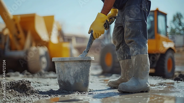 Fototapeta Construction Worker Mixing Cement on Site