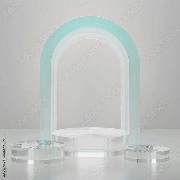 Obraz 3D realistic set of three cylindrical podium background of transparent glass, mockup, 3d rendering. White scene, light shining blue arch. Minimalist stage for placement product, showcase platform.
