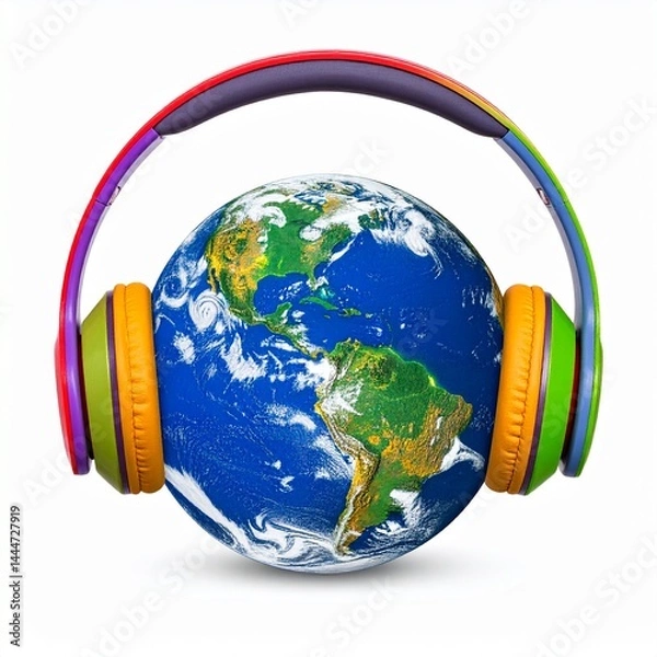 Fototapeta Image of colorful headphones covering a photo of a realistic globe.