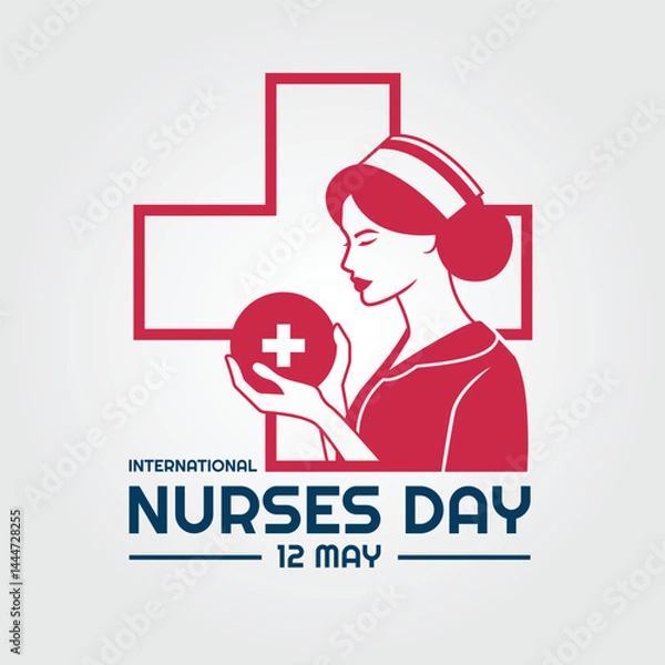 Obraz Nurses day - Red Woman nurse hold circle cross sign on line cross sign vector design