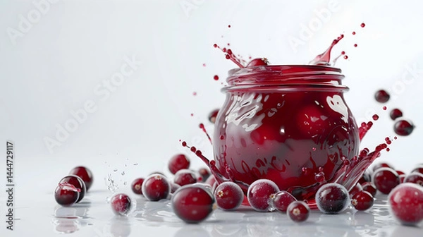 Fototapeta A minimalist  render of glossy cranberry jam in a jar, isolated on pure white. Berries spill into water, forming ripples. Studio lighting enhances textures. Bottom-right branding space clear