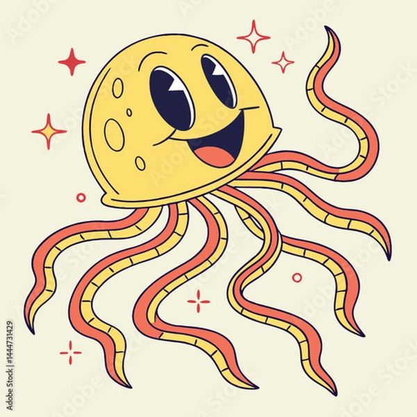 Fototapeta Retro Cartoon Yellow Octopus with Orange Tentacles and Sparkling Star Accents