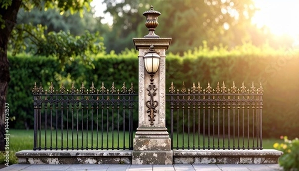 Fototapeta Ornate wrought iron gate adorned with decorative finials in a lush garden
