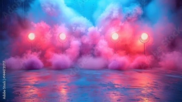 Obraz Surreal Stage with Vivid Lights and Ominous Smoke, Artistic Backdrop
