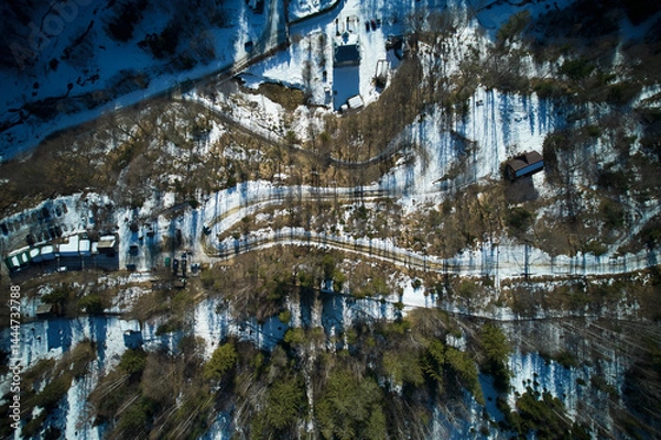 Fototapeta Top-down aerial view of snowy landscape with winding road cutting through forested area. Bare trees cast long shadows on snow, creating intricate patterns. Scattered buildings and vehicles.