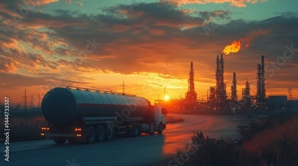 Obraz An oil tanker truck is unloading fuel at a refinery terminal as the sun sets, casting a warm glow over the industrial landscape with smokestacks in the background