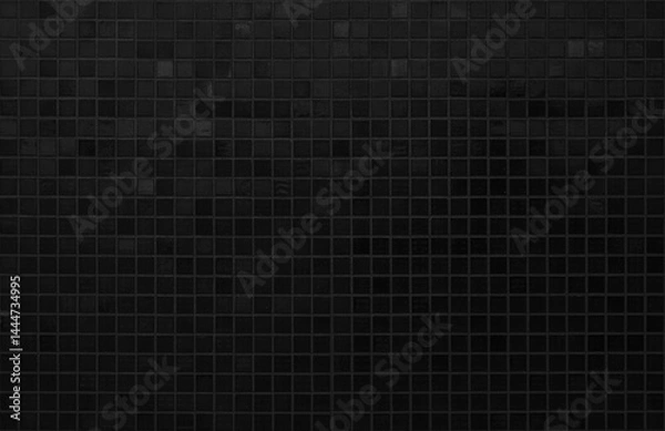 Fototapeta Dark black ceramic wall chequered and floor tiles mosaic background in bathroom. Design pattern geometric with grid wallpaper texture decoration pool. Simple seamless abstract surface grunge.