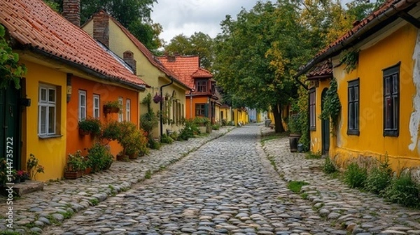 Fototapeta Charming Cobbled Road Surrounded by Quaint Houses and Lush Greenery Under a Clear Blue Sky