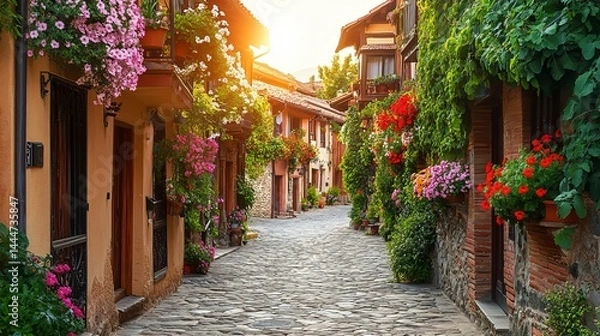 Fototapeta Charming Cobblestone Street Adorned with Colorful Wildflowers Creating a Picturesque Urban Scene