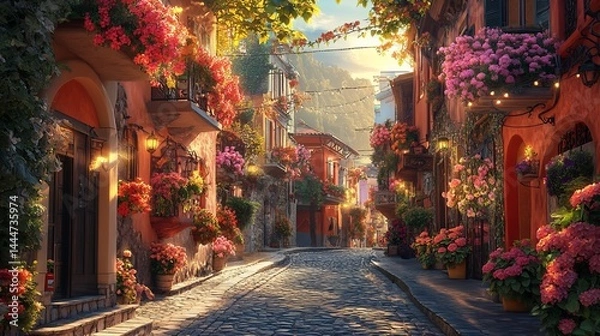 Obraz Charming Cobblestone Street Adorned with Colorful Flowers and Historic Building Evoking Tranquility