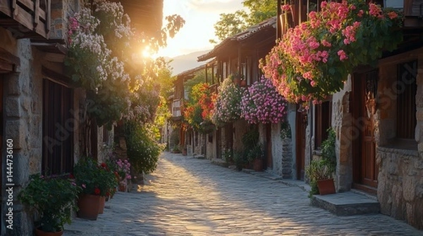 Fototapeta Charming Cobbled Street Adorned with Vibrant Flowers Creating a Picturesque and Serene Atmosphere
