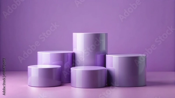 Fototapeta five violet cylindrical stands on light purple background for product showcasing, product showcase, product presentation