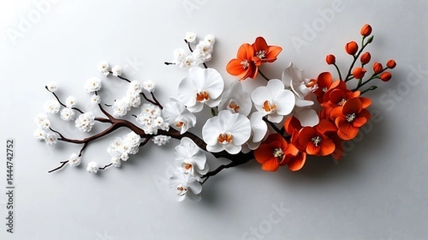 Fototapeta Elegant Contrast: White and Orange Orchids and Cherry Blossoms